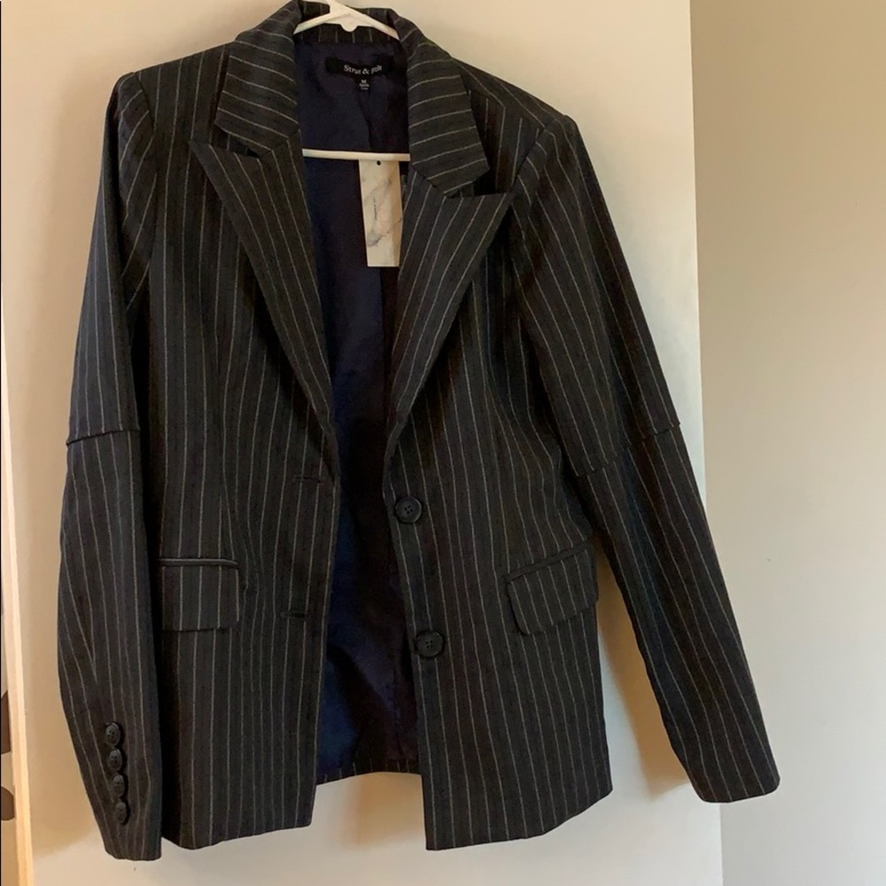 Lulu’s Dark Grey, White and Navy Pinstripe Blazer